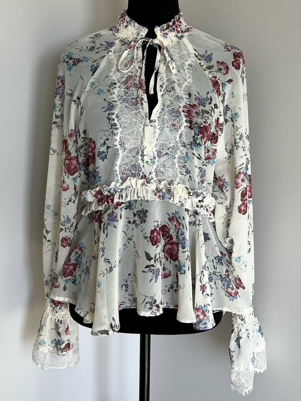 Ivory Floral Lace-Trim Sheer Boho / Coquette Romantic Blouse